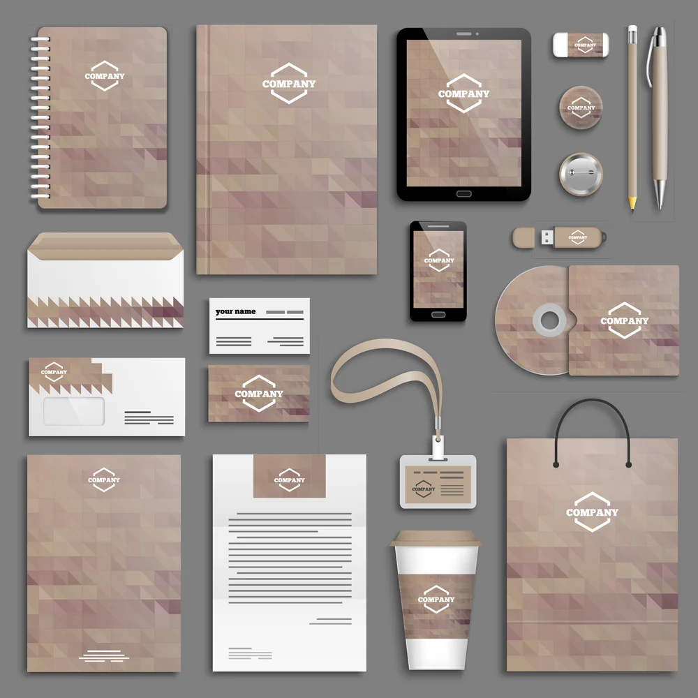 Branding stationery set with folders, business cards, letterhead and a shopping bag
