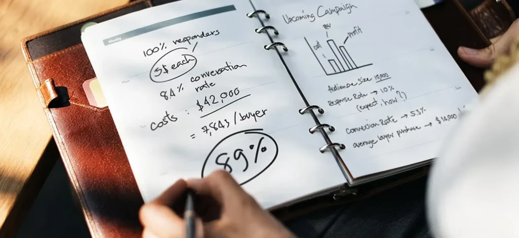 Hand writing return-on-investment calculations and a chart in a notebook